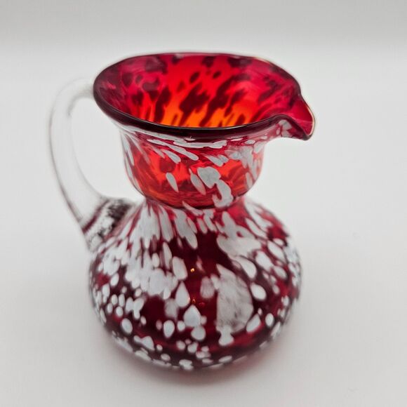 Pilgrim Glass Mini Pitcher Red Cranberry White Splatter Handle Spout Vintage - Picture 8 of 10